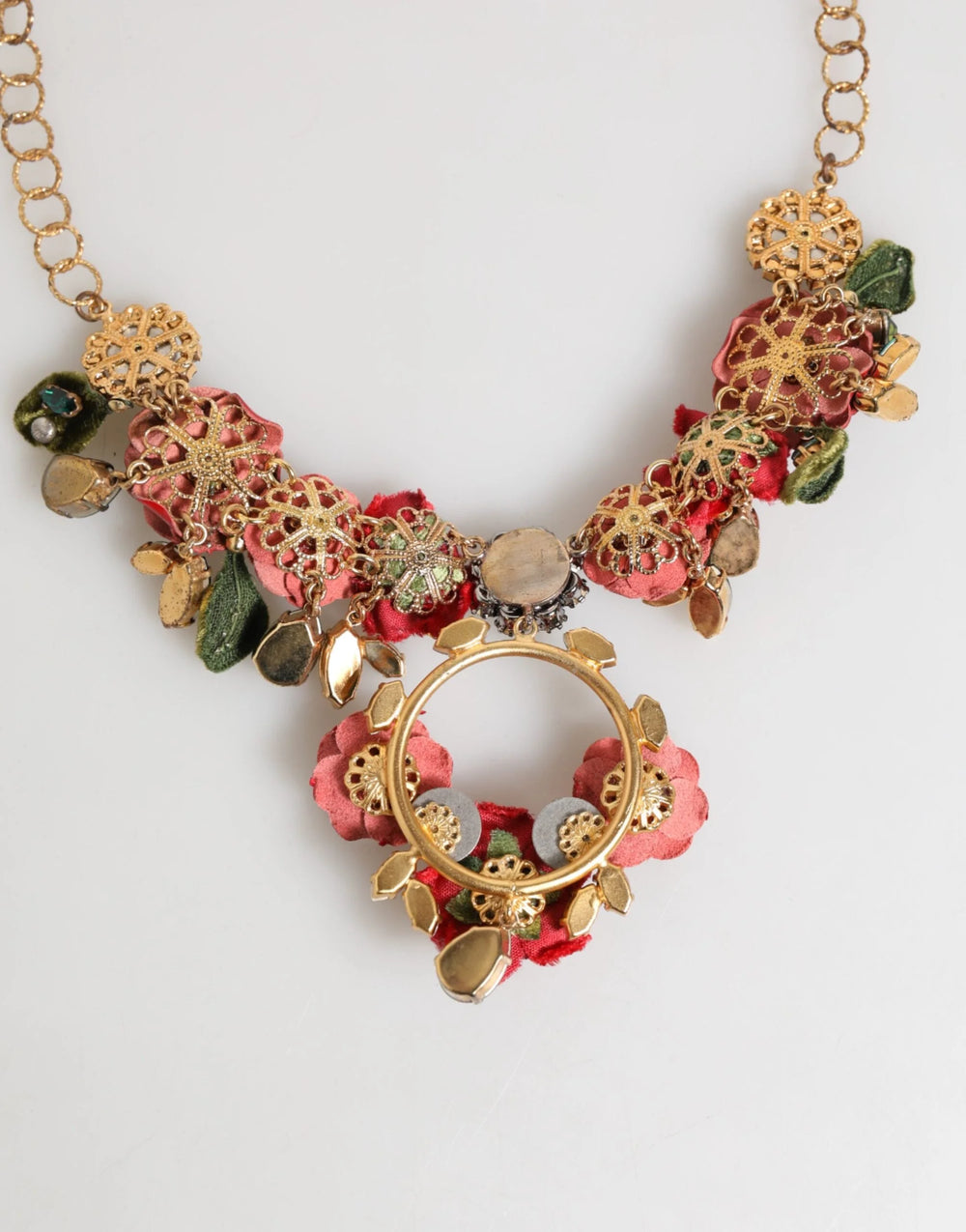 Dolce & Gabbana Red Rose Floral Crystal Embellished Statement Jewelry Necklace - Necklaces