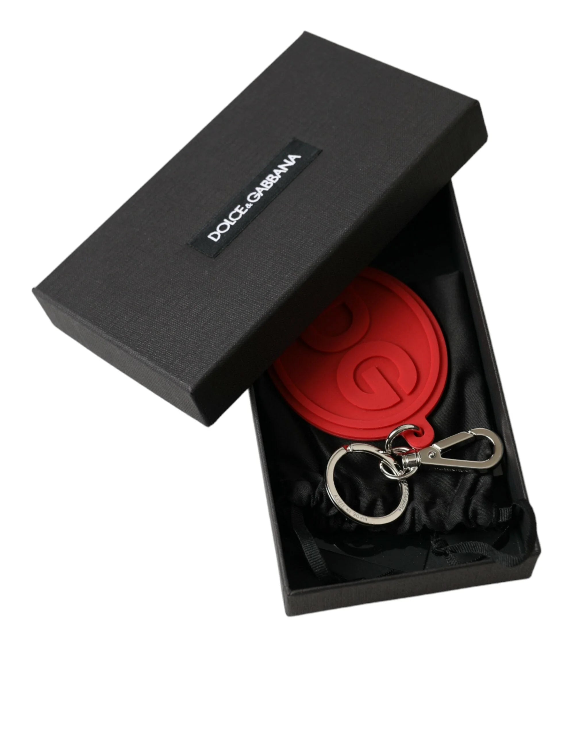 Dolce & Gabbana Red Rubber DG Logo Silver Brass Metal Keyring Keychain - Keychains