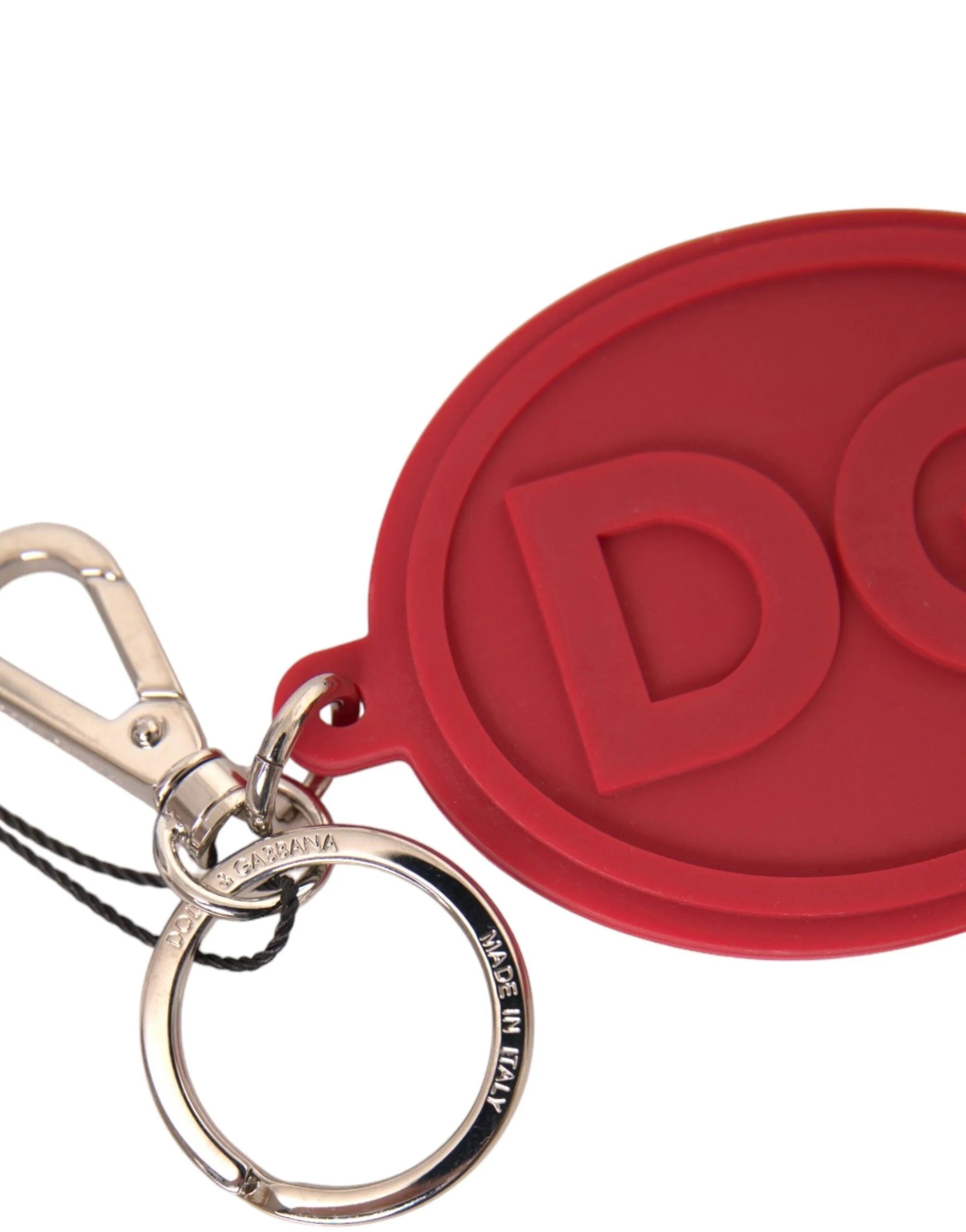 Dolce & Gabbana Red Rubber DG Logo Silver Brass Metal Keyring Keychain - Keychains