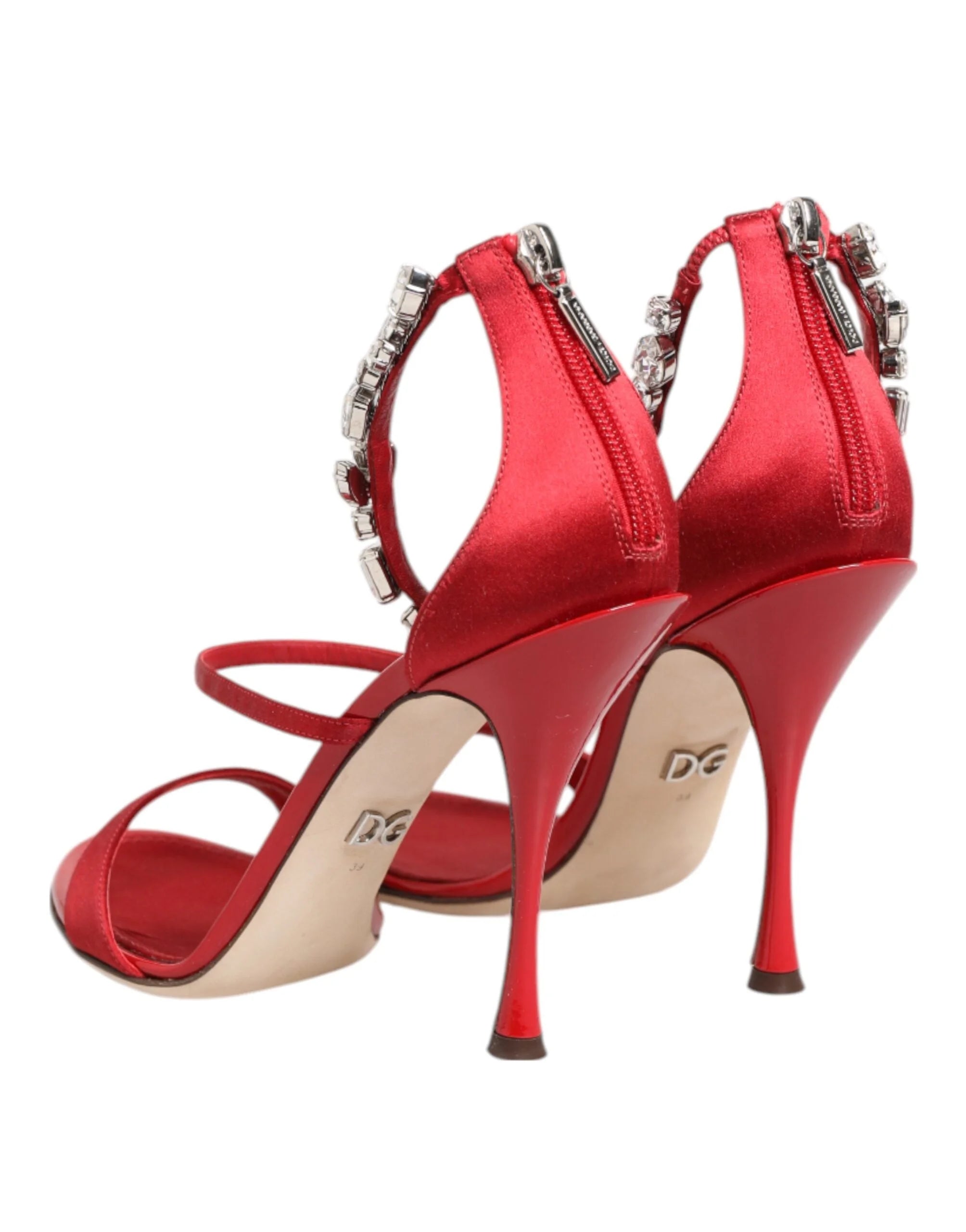 Dolce & Gabbana Red Satin Crystals Keira Sandals Heels Shoes - Heels
