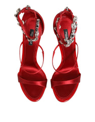 Dolce & Gabbana Red Satin Crystals Keira Sandals Heels Shoes