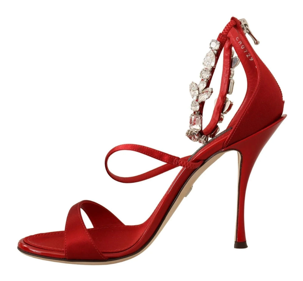 Dolce & Gabbana Red Satin Crystals Sandals Keira Heels Shoes - EU38/US7.5 - Heels