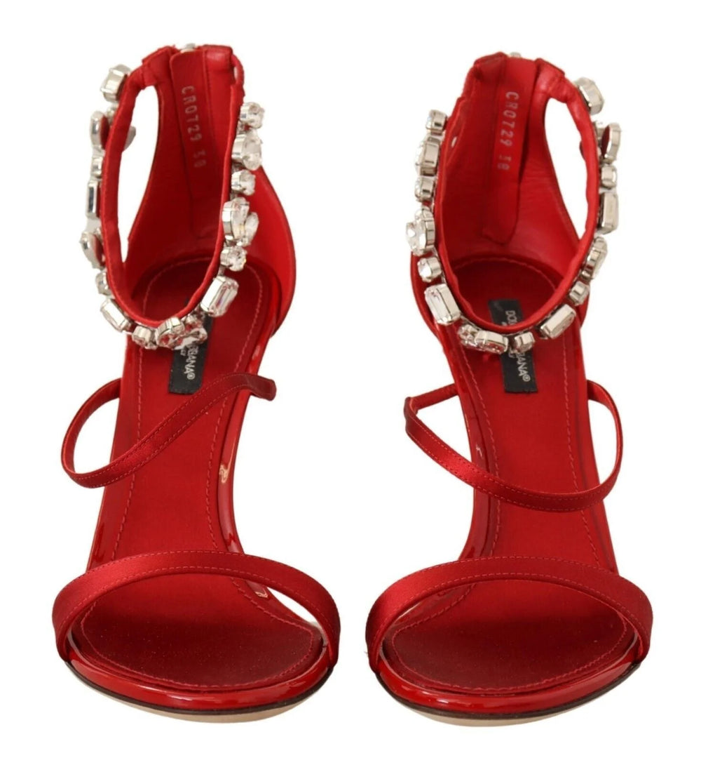 Dolce & Gabbana Red Satin Crystals Sandals Keira Heels Shoes - EU38/US7.5 - Heels