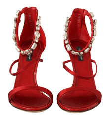 Dolce & Gabbana Red Satin Crystals Sandals Keira Heels Shoes - EU38/US7.5 - Heels