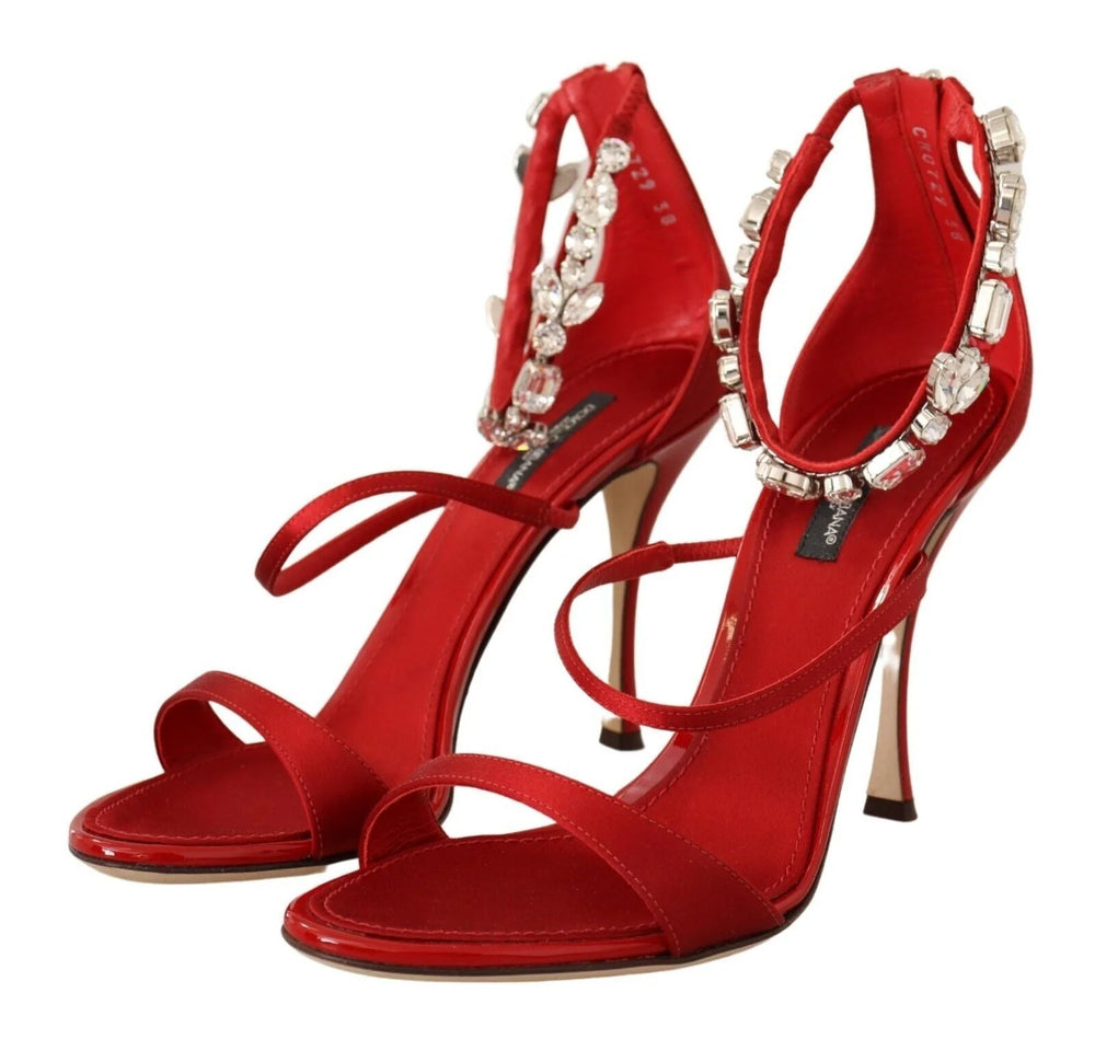 Dolce & Gabbana Red Satin Crystals Sandals Keira Heels Shoes - EU38/US7.5 - Heels