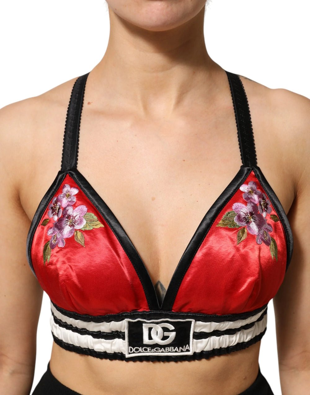 Dolce & Gabbana Red Satin Floral Embroidered Bralette Crop Top - IT40|S - Bras