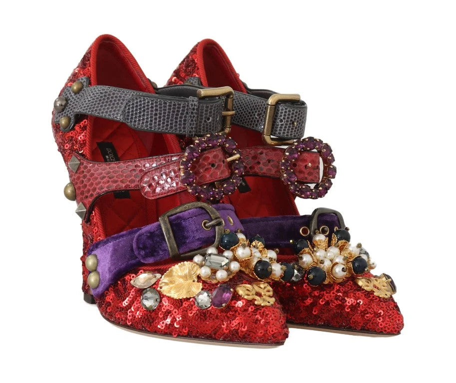 Dolce & Gabbana Red Sequined Crystal Studs Heels Shoes - EU36/US5.5