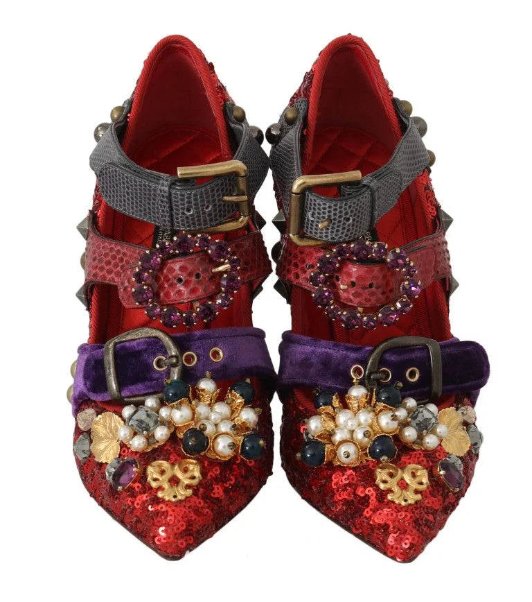 Dolce & Gabbana Red Sequined Crystal Studs Heels Shoes - EU36/US5.5