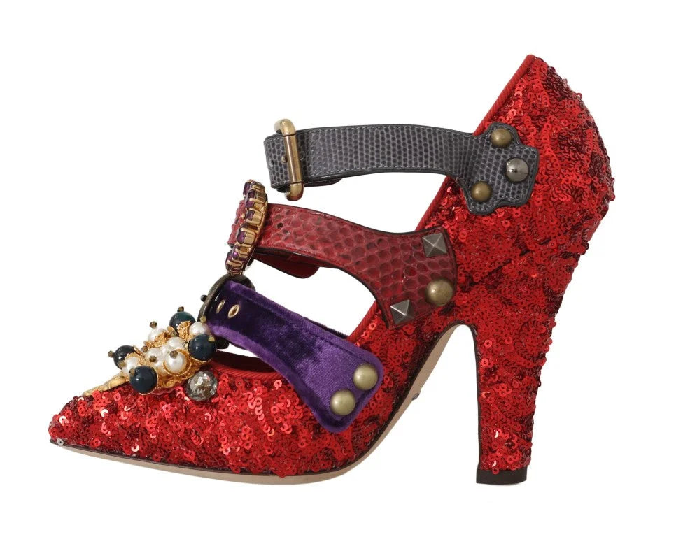 Dolce & Gabbana Red Sequined Crystal Studs Heels Shoes - EU36/US5.5