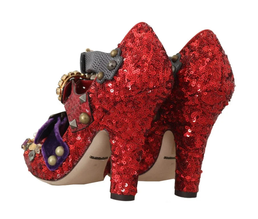 Dolce & Gabbana Red Sequined Crystal Studs Heels Shoes - EU36/US5.5