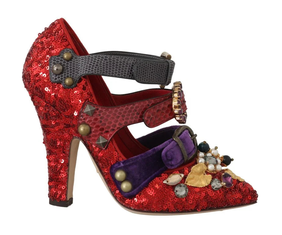 Dolce & Gabbana Red Sequined Crystal Studs Heels Shoes - EU36/US5.5
