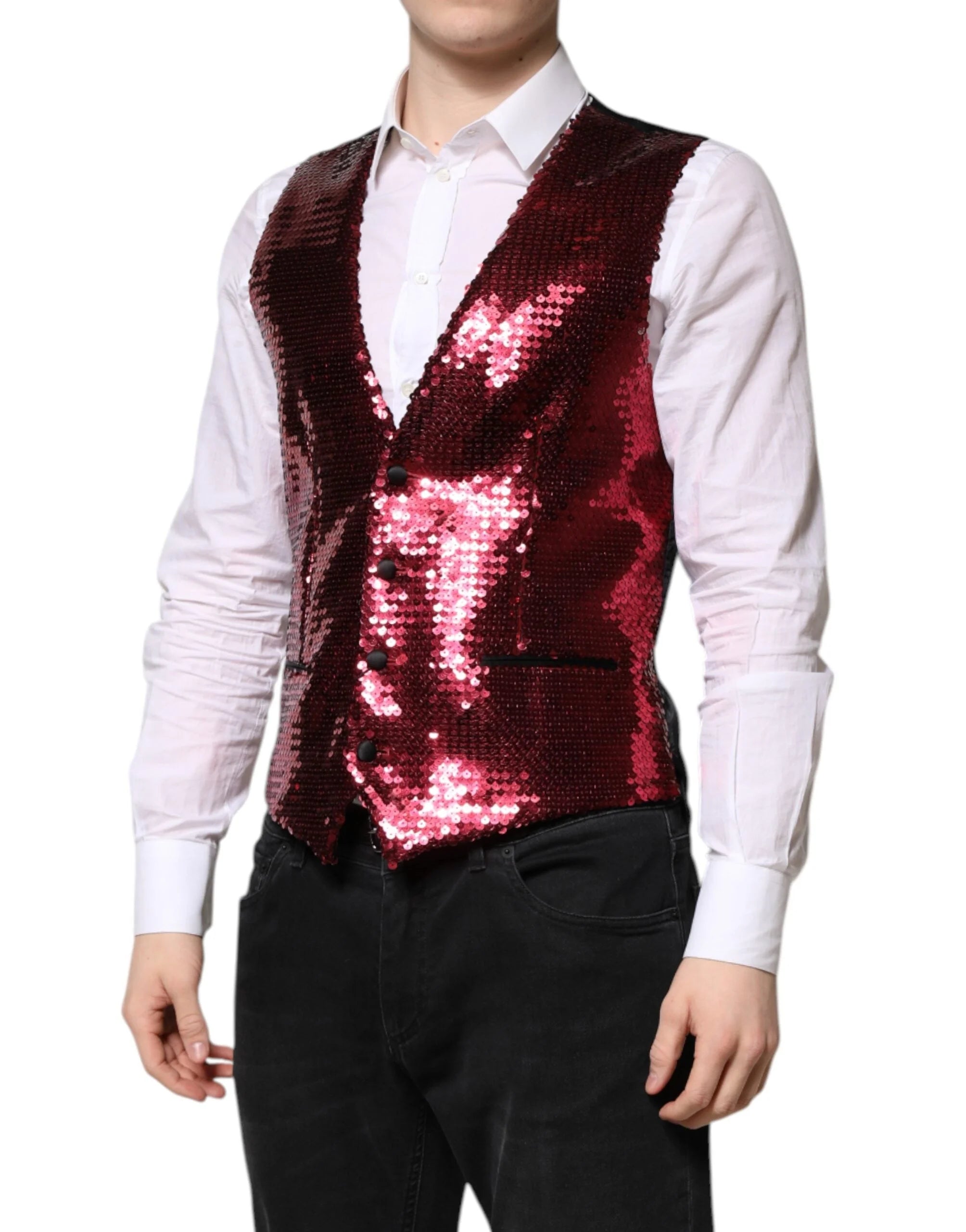 Dolce & Gabbana Red Sequined Dress Formal Men Waistcoat Vest - IT50 | L - Vests