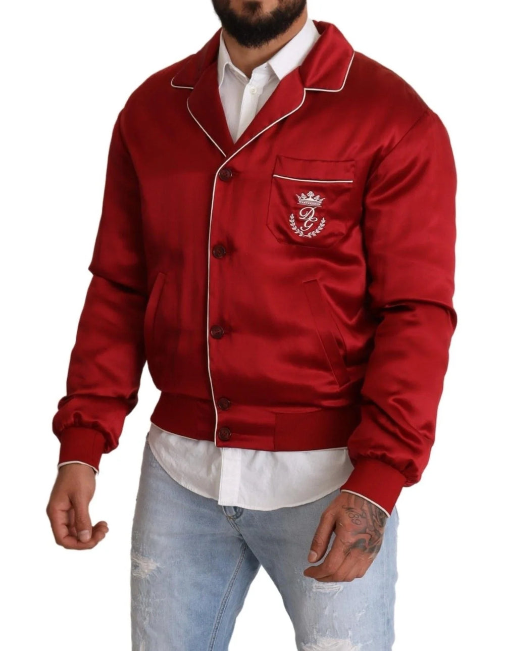Dolce & Gabbana Red Silk Button DG Logo Bomber Jacket - IT48 | M - Bomber Jackets
