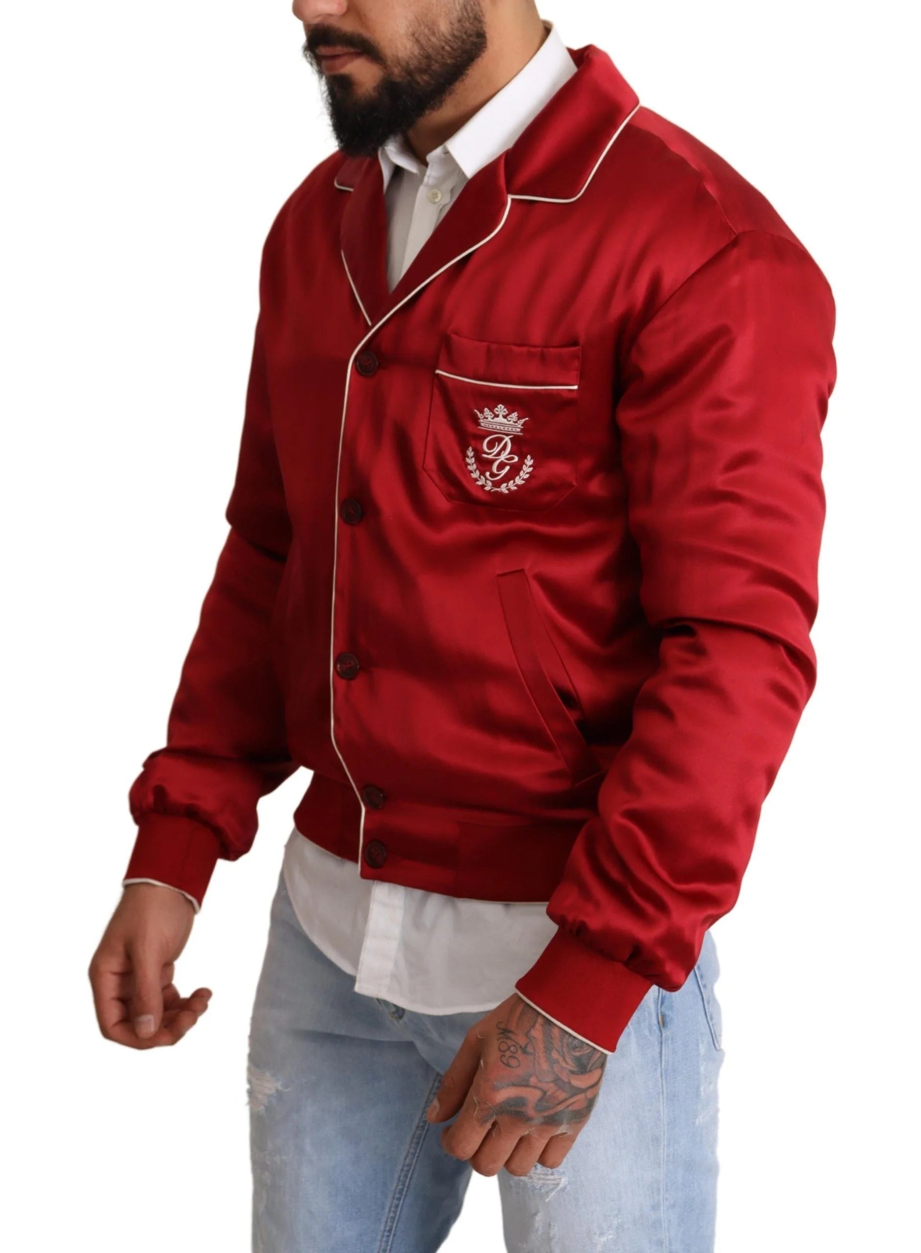Dolce & Gabbana Red Silk Button DG Logo Bomber Jacket - IT48 | M - Bomber Jackets