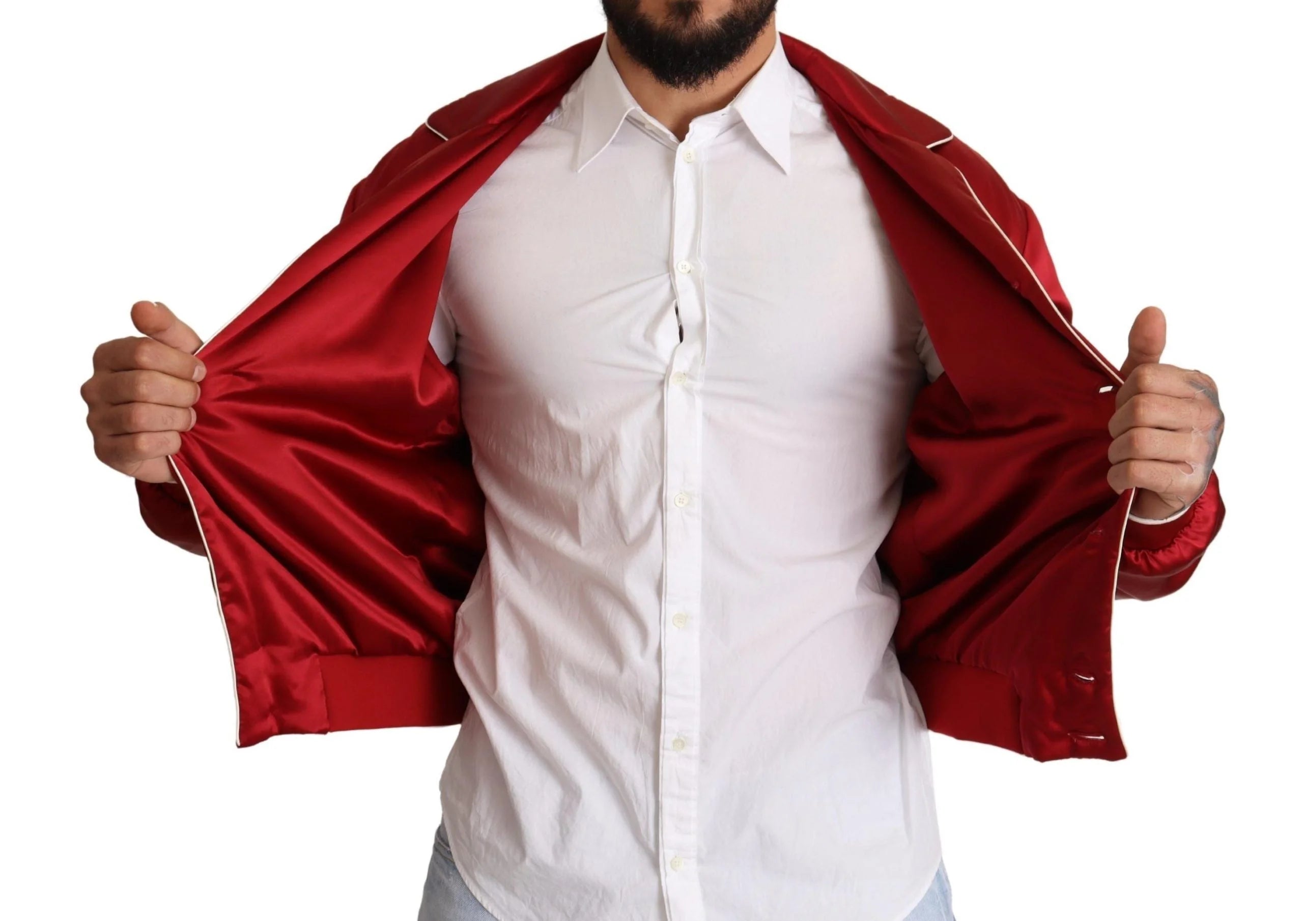 Dolce & Gabbana Red Silk Button DG Logo Bomber Jacket - IT48 | M - Bomber Jackets