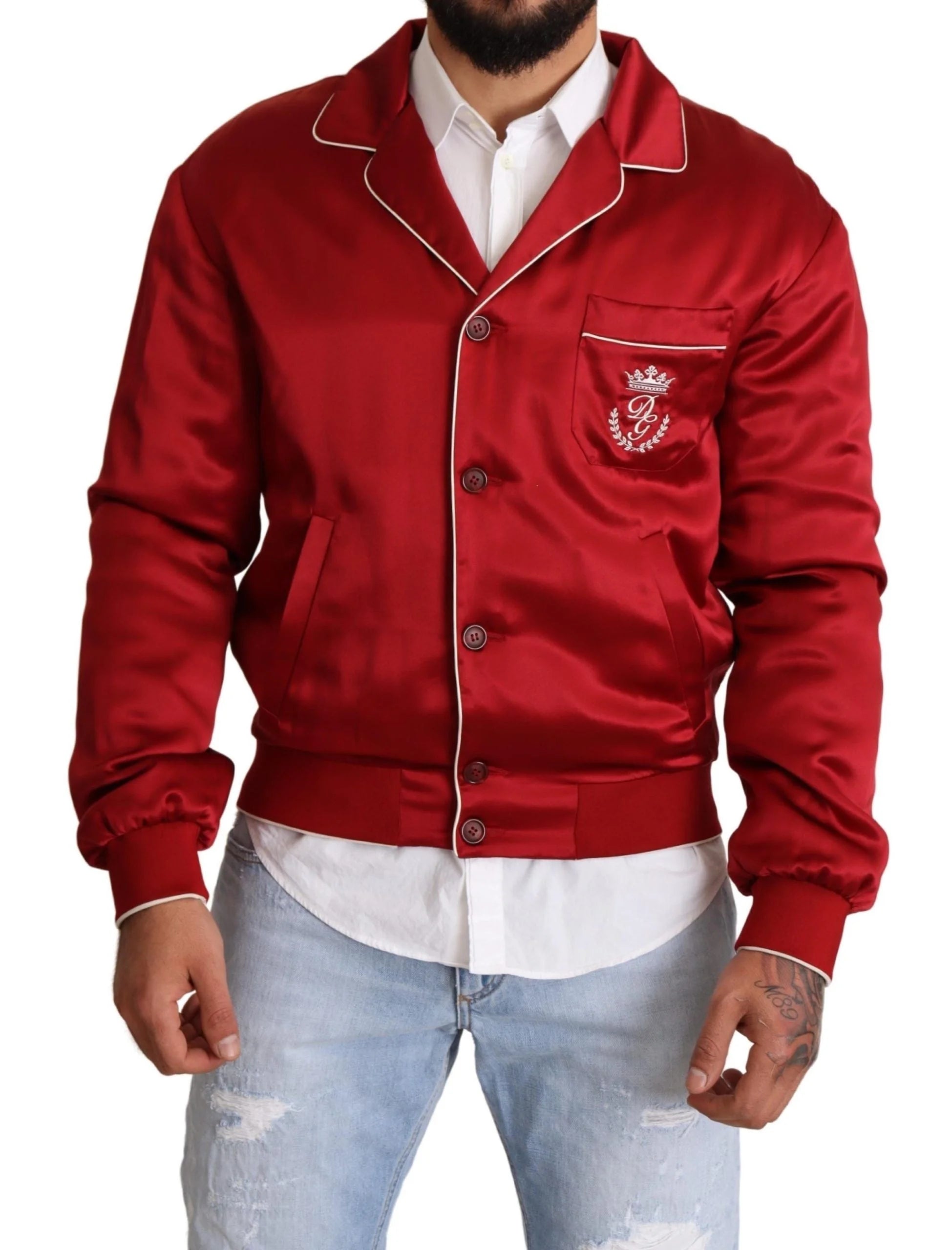Dolce & Gabbana Red Silk Button DG Logo Bomber Jacket - IT48 | M - Bomber Jackets