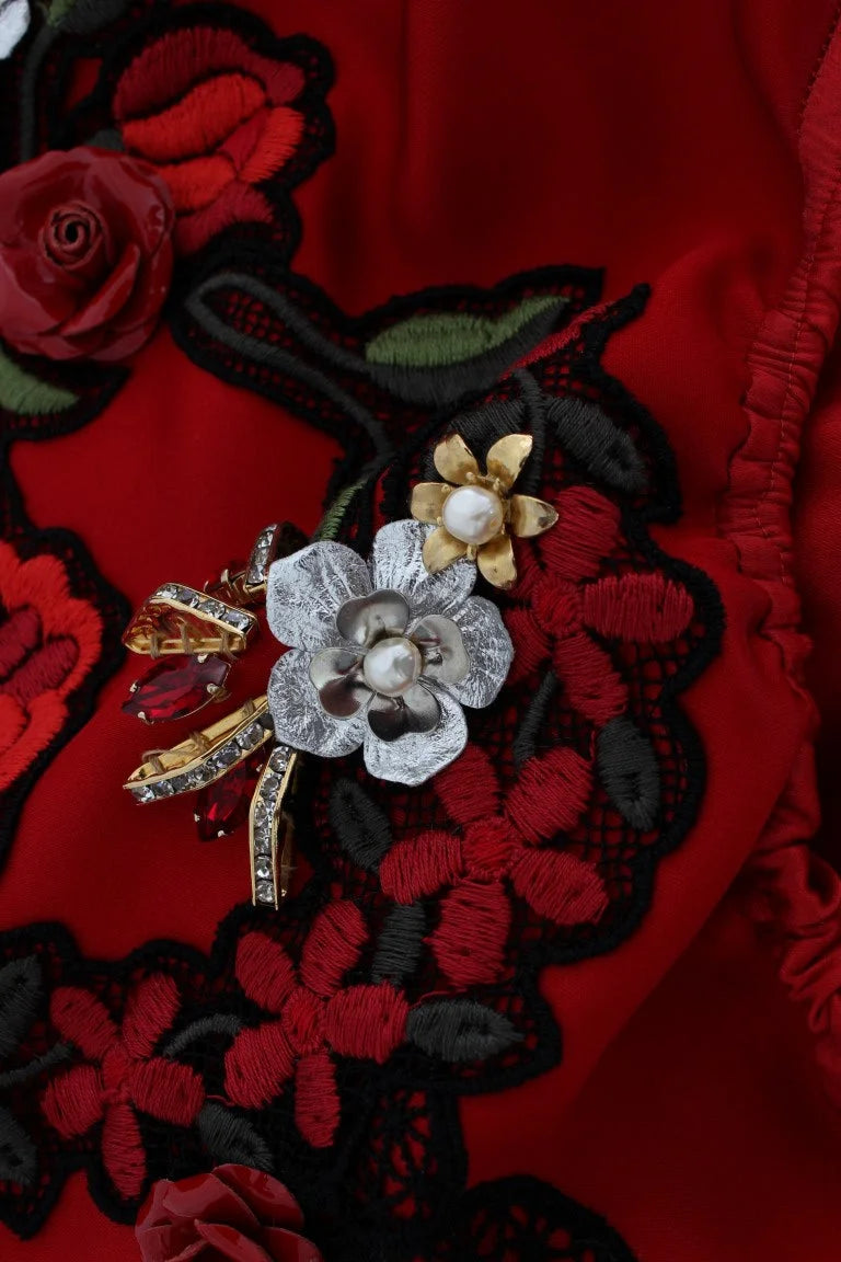 Dolce & Gabbana Red Silk Crystal Roses Shorts - IT40|S