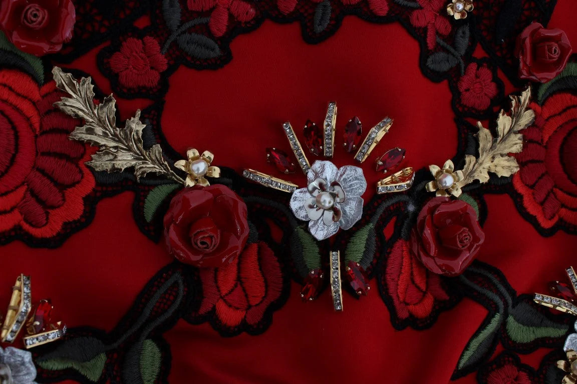 Dolce & Gabbana Red Silk Crystal Roses Shorts - IT40|S