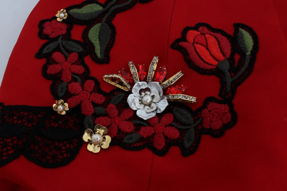 Dolce & Gabbana Red Silk Crystal Roses Shorts - IT40|S