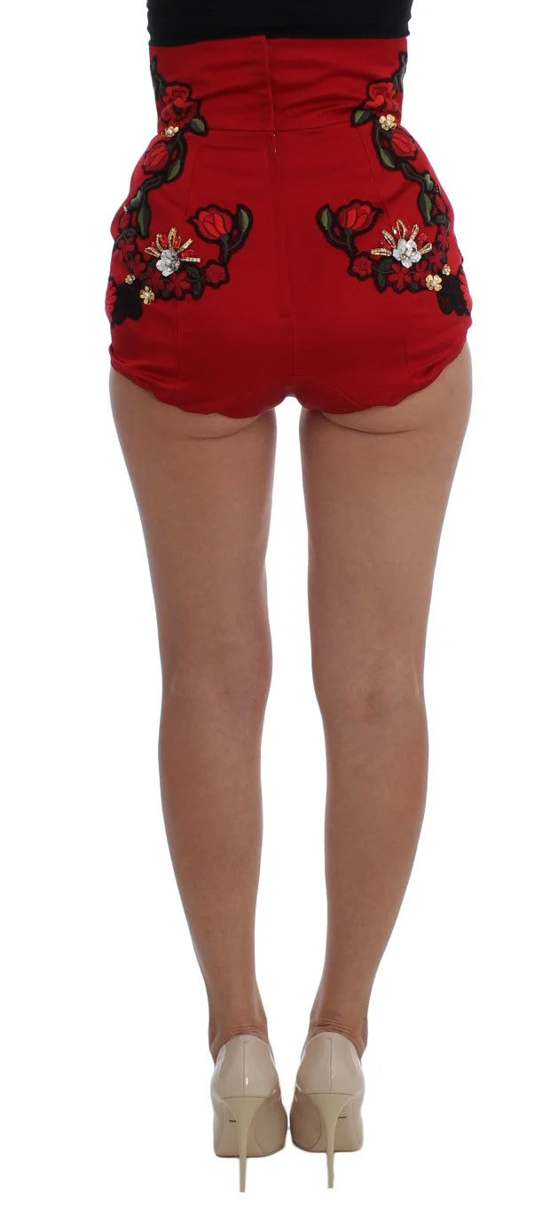 Dolce & Gabbana Red Silk Crystal Roses Shorts - IT40|S