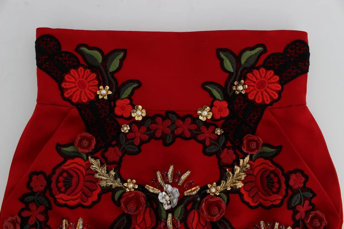 Dolce & Gabbana Red Silk Crystal Roses Shorts - IT40|S