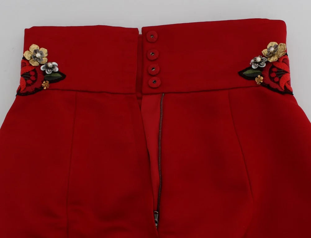 Dolce & Gabbana Red Silk Crystal Roses Shorts - IT40|S - Short Trousers