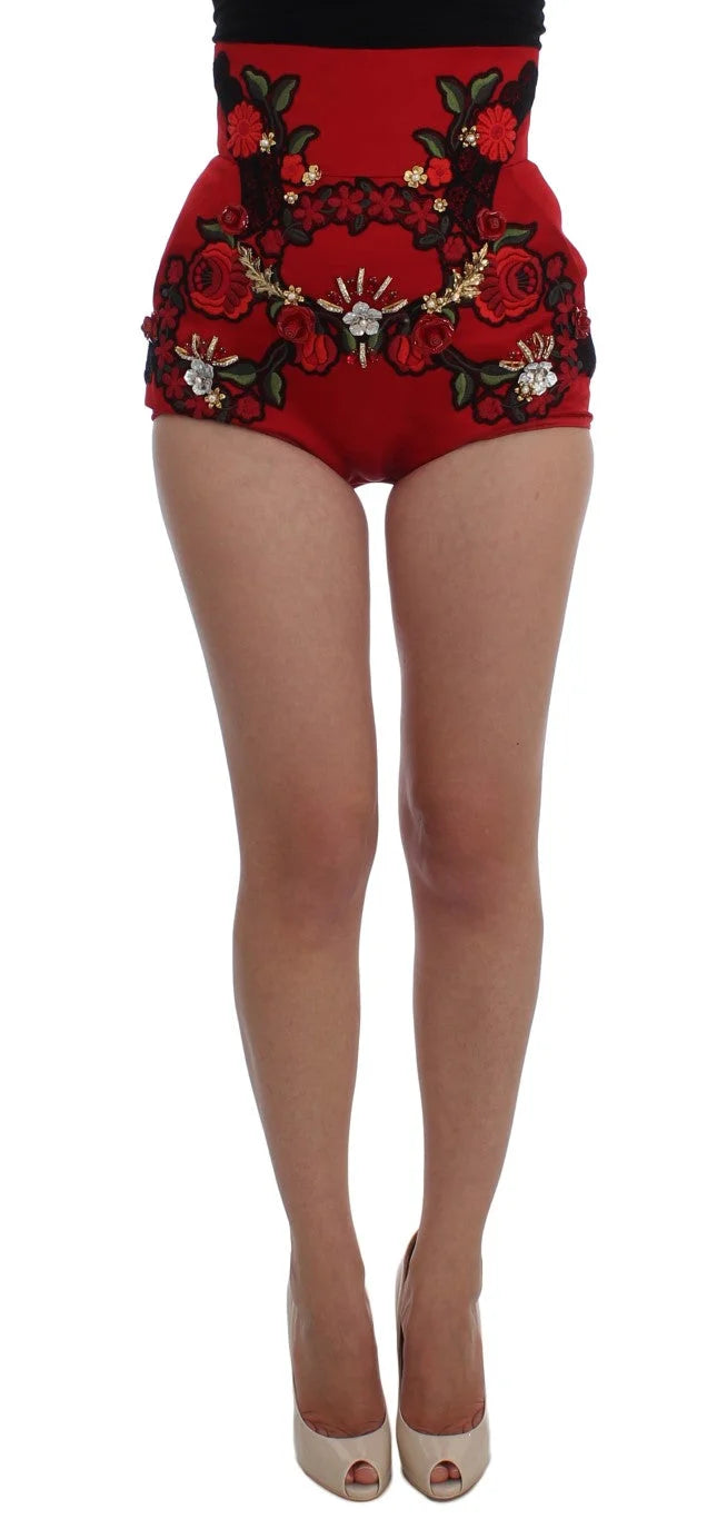 Dolce & Gabbana Red Silk Crystal Roses Shorts - IT40|S - Short Trousers