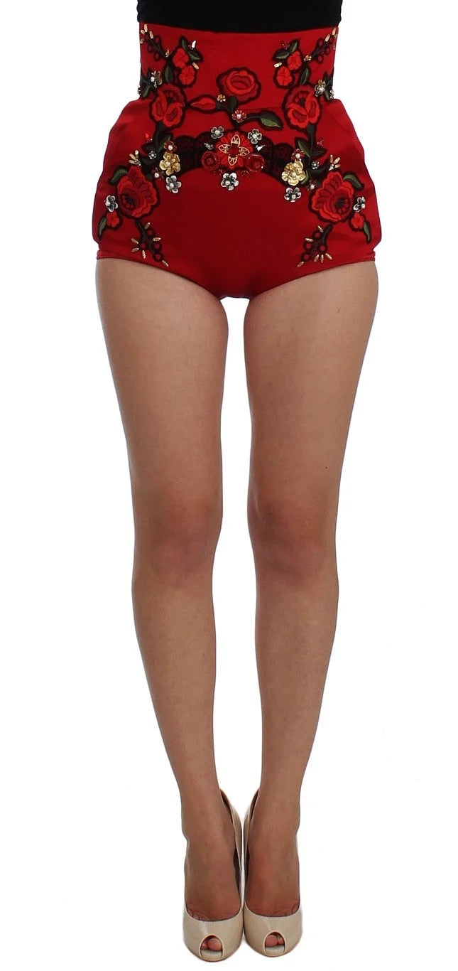 Dolce & Gabbana Red Silk Crystal Roses Shorts - IT40|S - Short Trousers