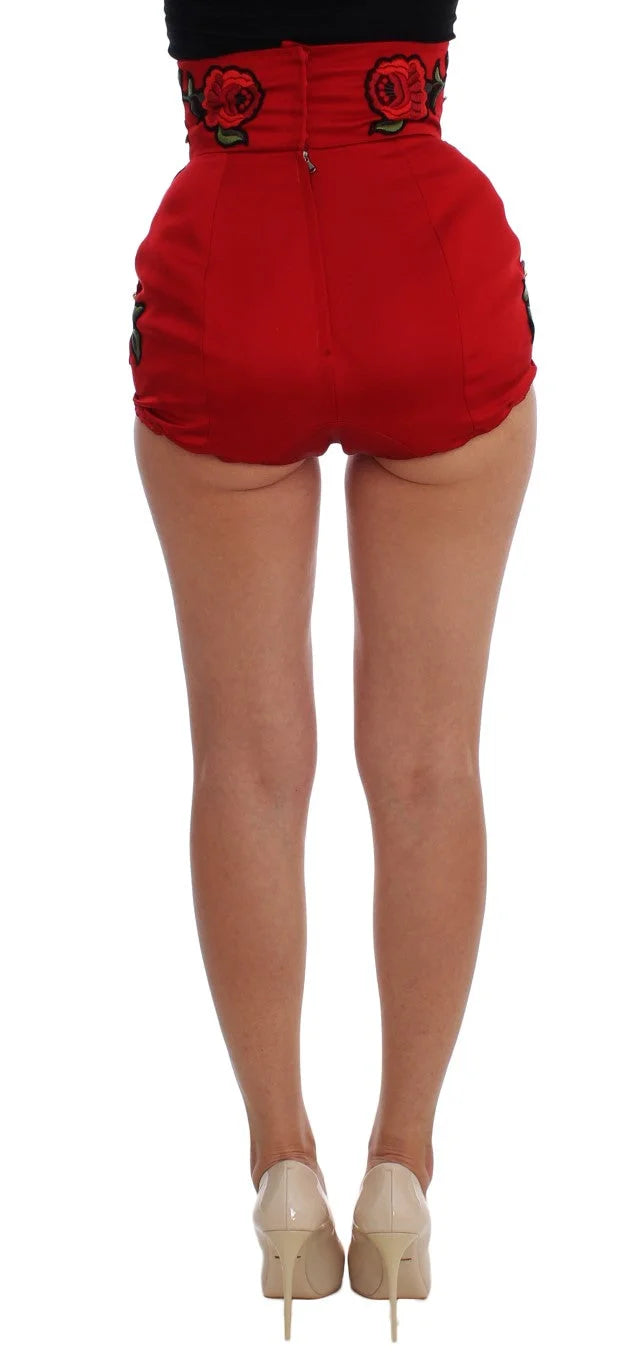 Dolce & Gabbana Red Silk Crystal Roses Shorts - IT40|S - Short Trousers