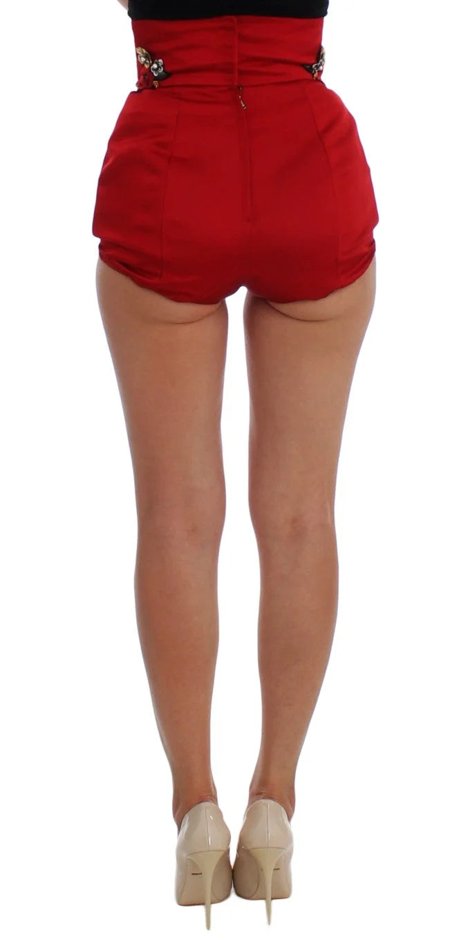 Dolce & Gabbana Red Silk Crystal Roses Shorts - IT40|S - Short Trousers