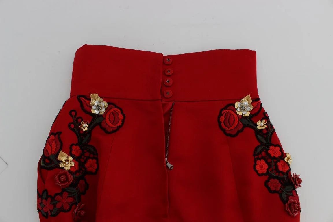 Dolce & Gabbana Red Silk Crystal Roses Shorts - IT40|S - Short Trousers