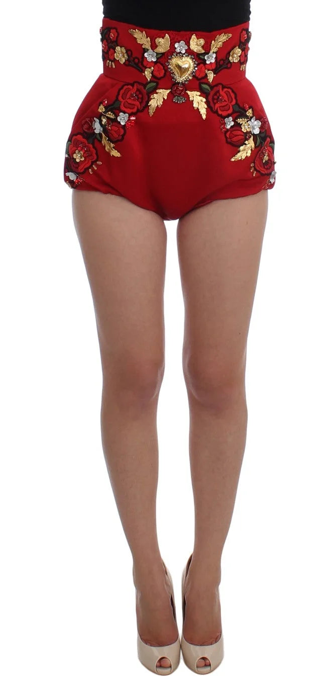 Dolce & Gabbana Red Silk Crystal Roses Shorts - IT40|S - Short Trousers