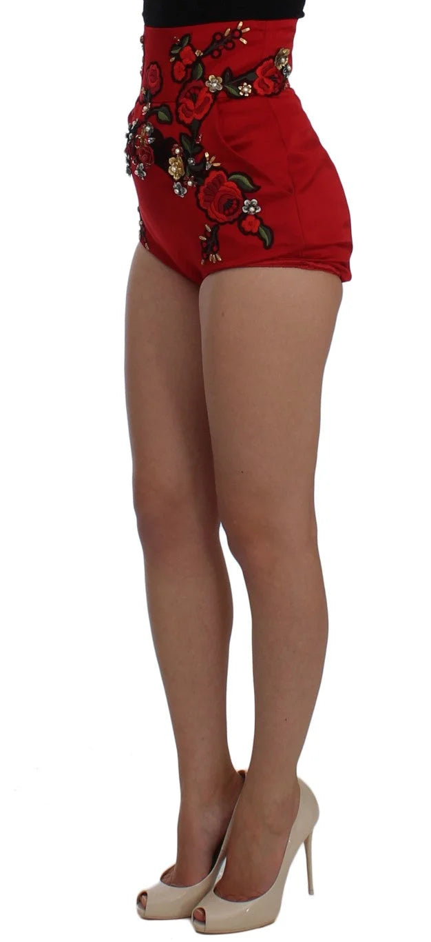 Dolce & Gabbana Red Silk Crystal Roses Shorts - IT40|S - Short Trousers