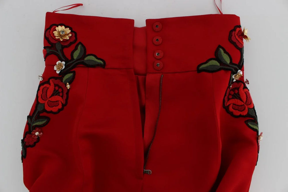 Dolce & Gabbana Red Silk Crystal Roses Shorts - Short Trousers