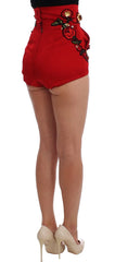 Dolce & Gabbana Red Silk Crystal Roses Shorts - Short Trousers