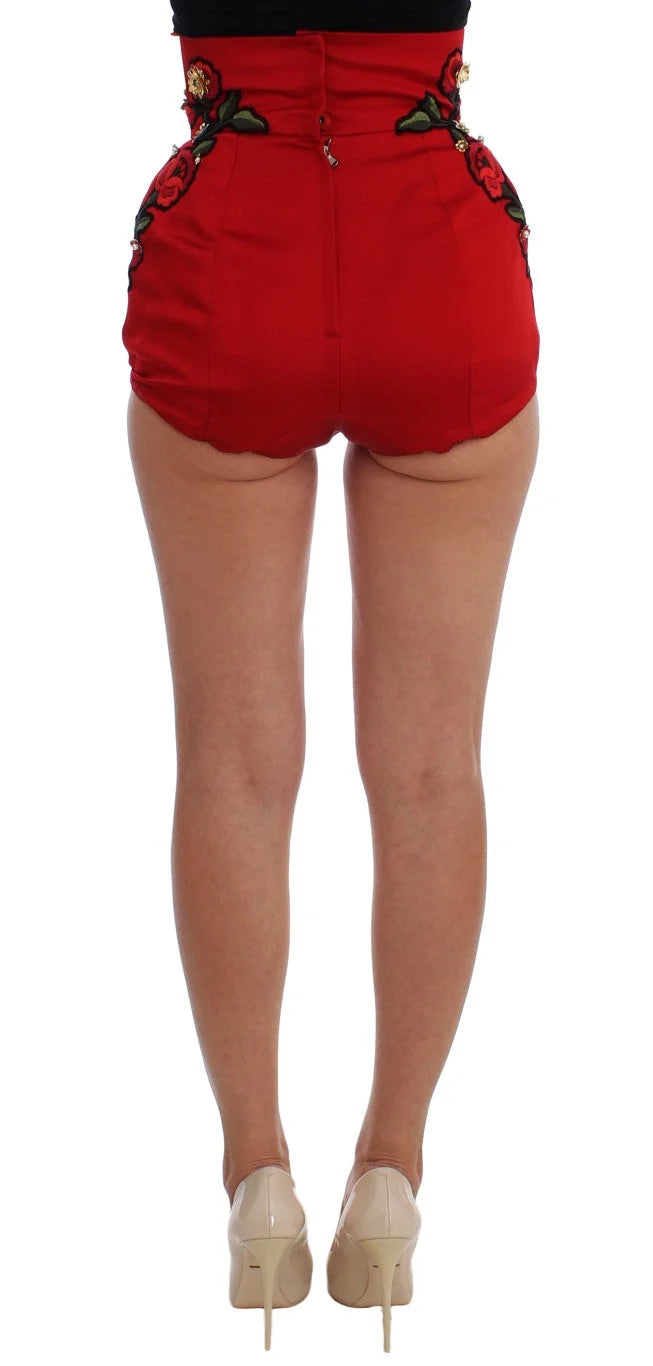 Dolce & Gabbana Red Silk Crystal Roses Shorts - Short Trousers