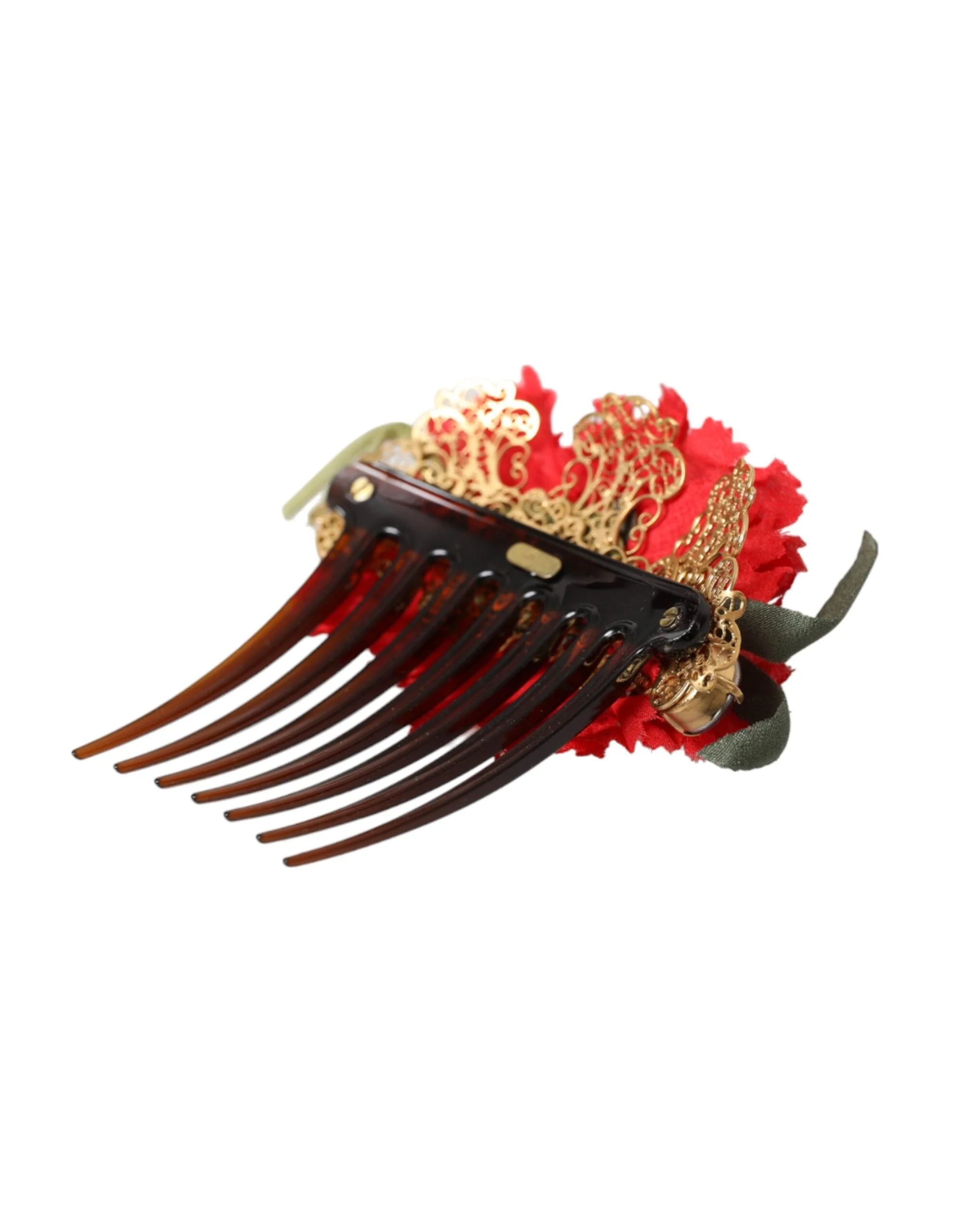 Dolce & Gabbana Red Silk Floral Gold Brass Women Hair Comb - Hair Combs
