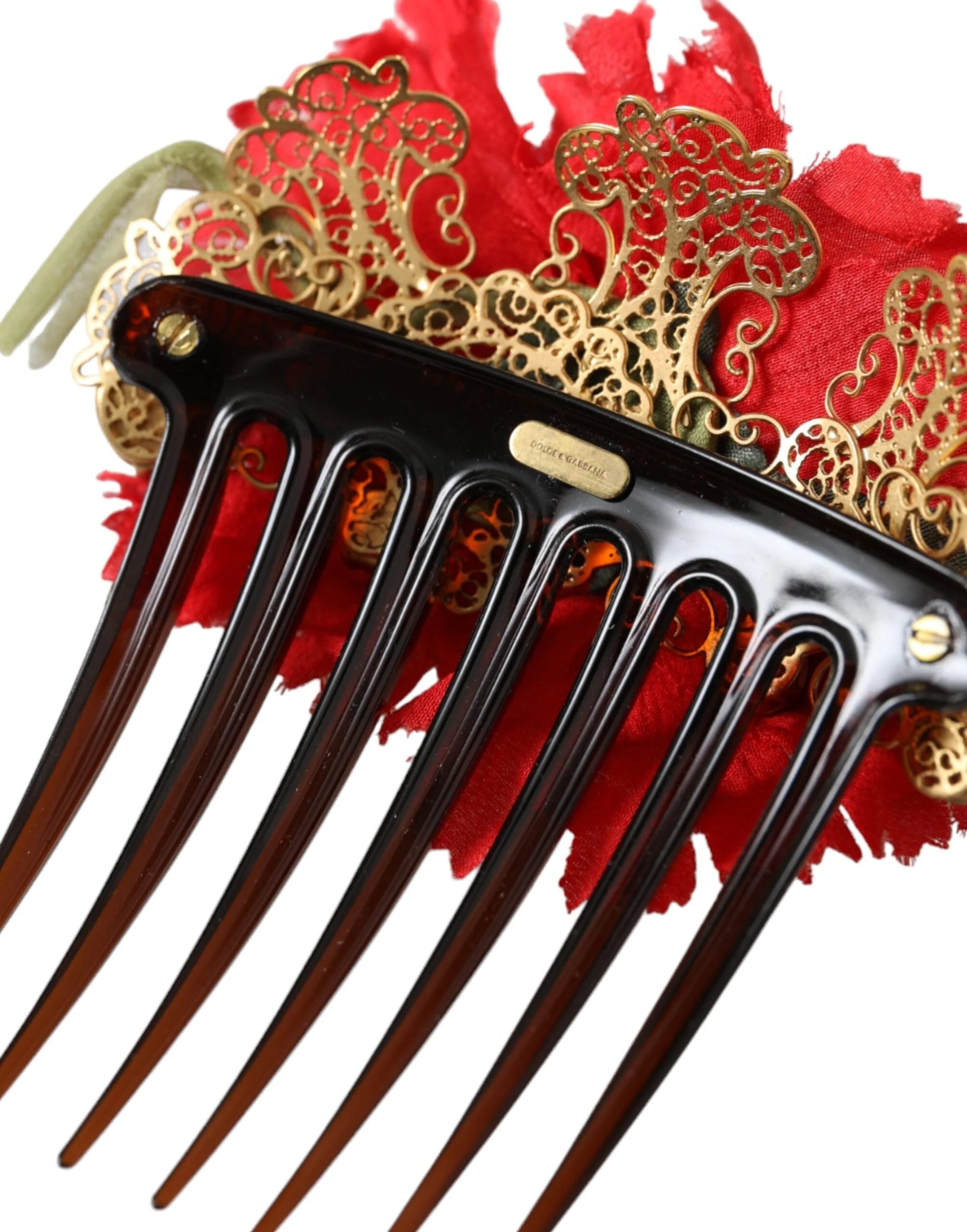 Dolce & Gabbana Red Silk Floral Gold Brass Women Hair Comb - Hair Combs