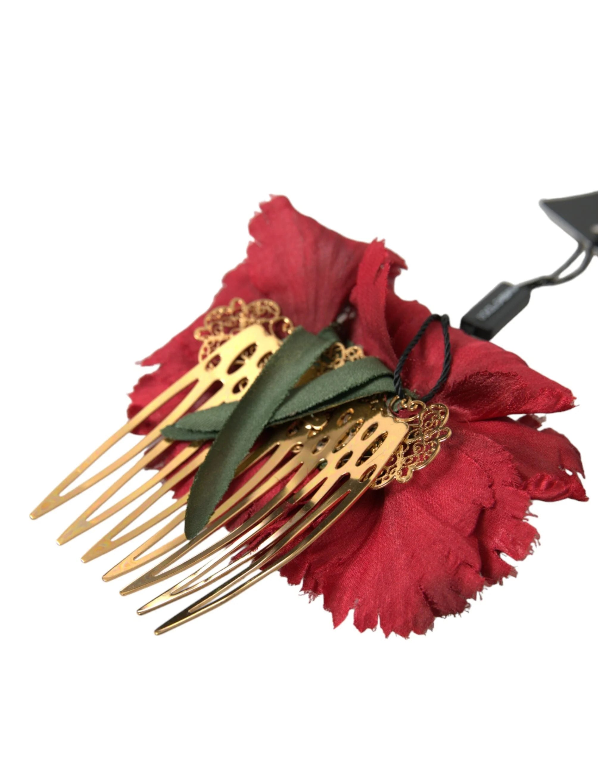 Dolce & Gabbana Red Silk Floral Gold Brass Women Hair Comb - Hair Combs