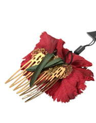 Dolce & Gabbana Red Silk Floral Gold Brass Women Hair Comb - Hair Combs