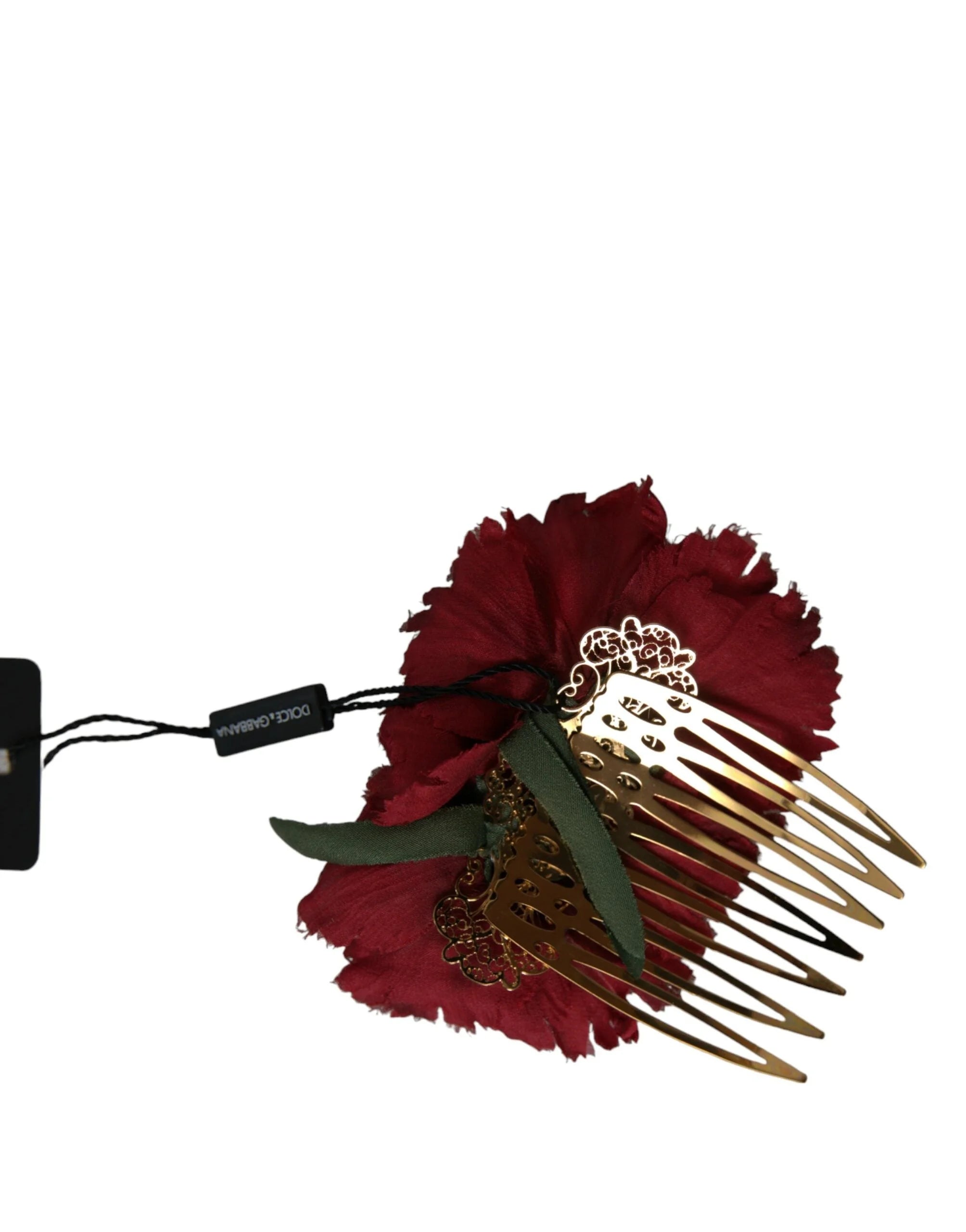 Dolce & Gabbana Red Silk Floral Gold Brass Women Hair Comb - Hair Combs