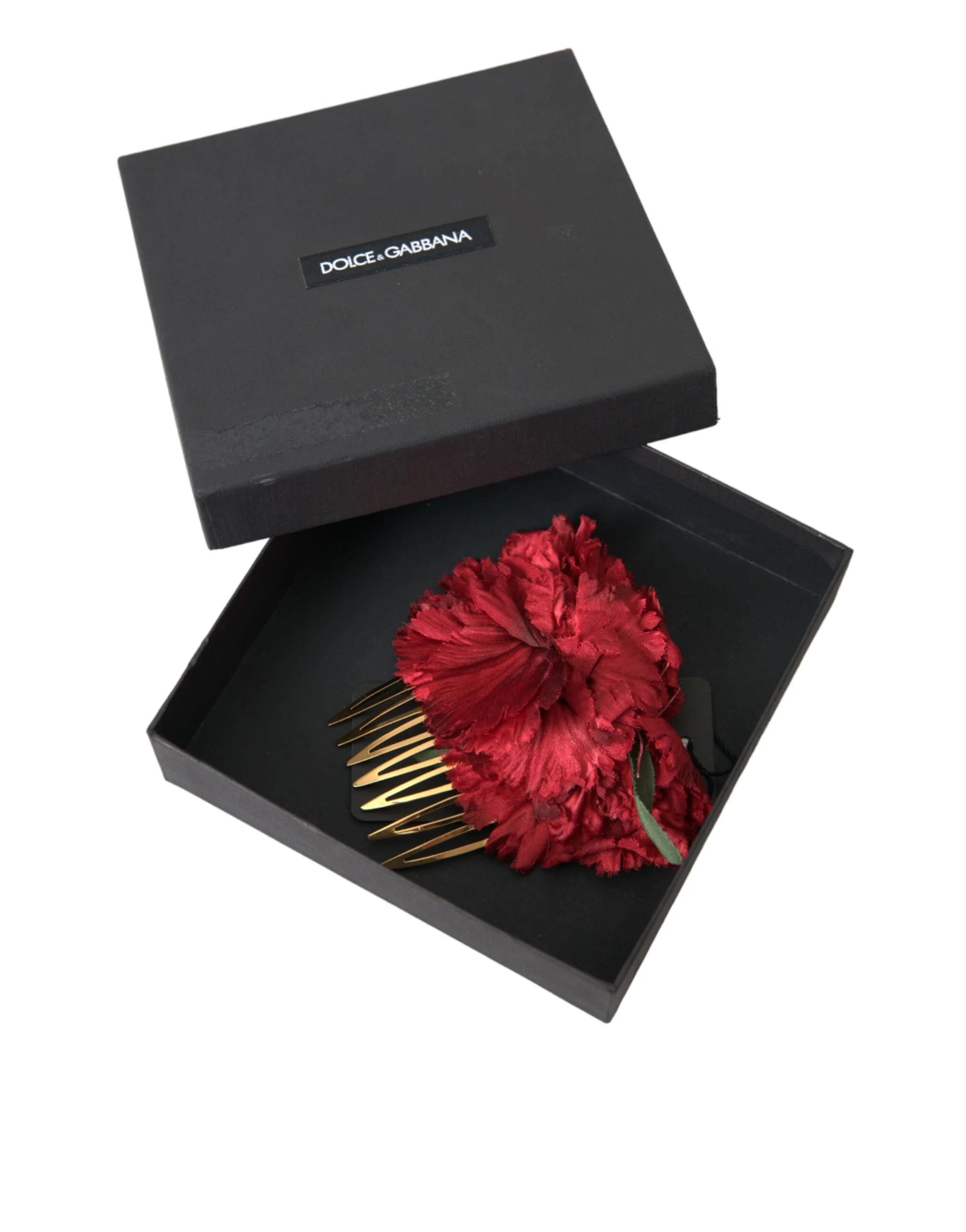 Dolce & Gabbana Red Silk Floral Gold Brass Women Hair Comb - Hair Combs