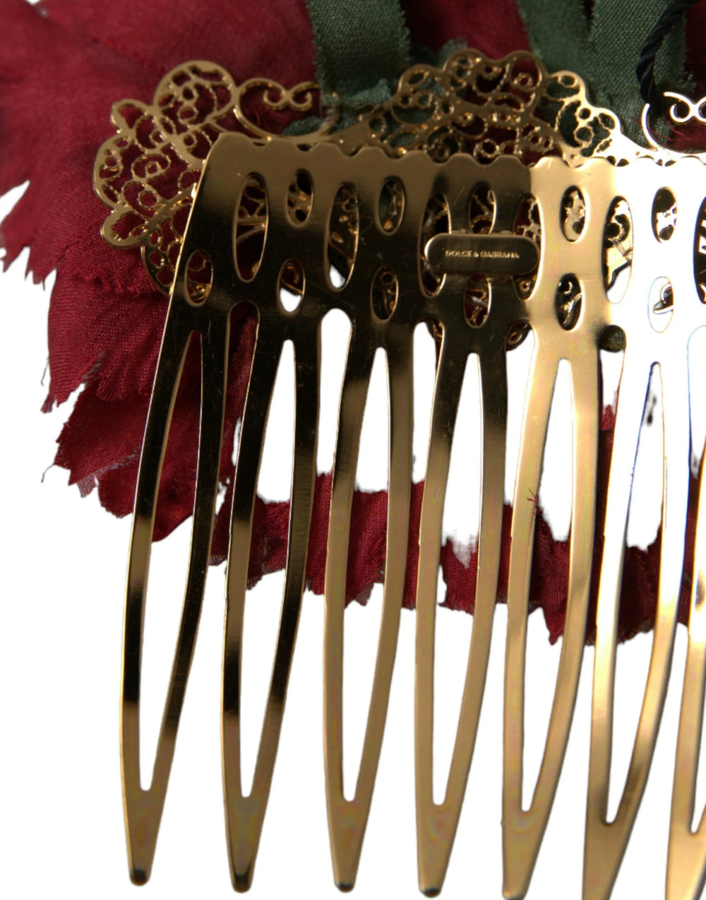 Dolce & Gabbana Red Silk Floral Gold Brass Women Hair Comb - Hair Combs