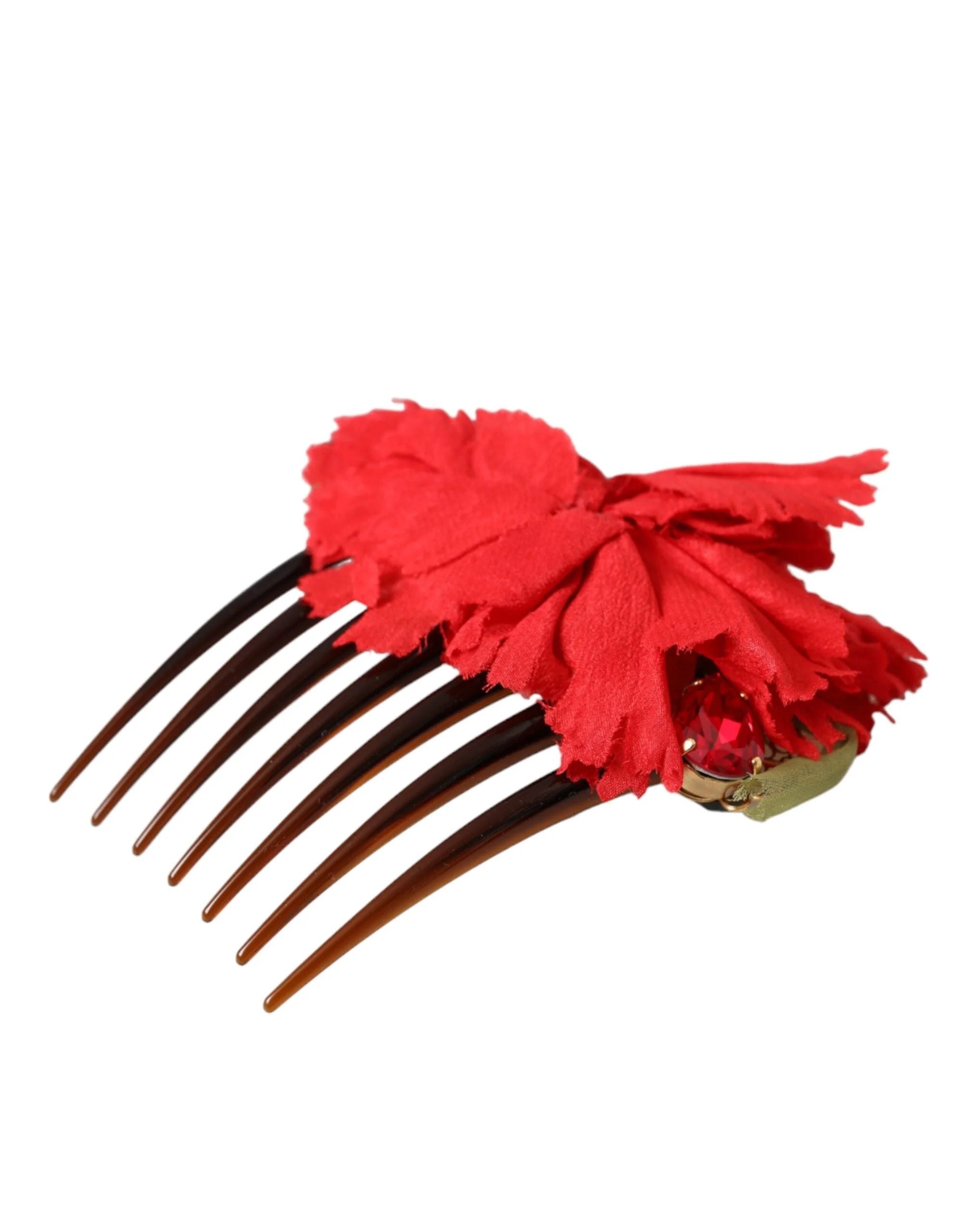 Dolce & Gabbana Red Silk Floral Gold Brass Women Hair Comb - Hair Combs