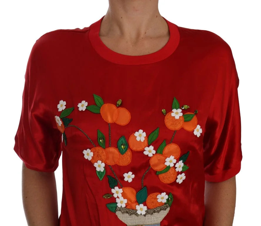 Dolce & Gabbana Red Silk Orange Vase Crystal Top - Blouses
