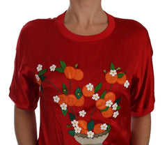 Dolce & Gabbana Red Silk Orange Vase Crystal Top - Blouses