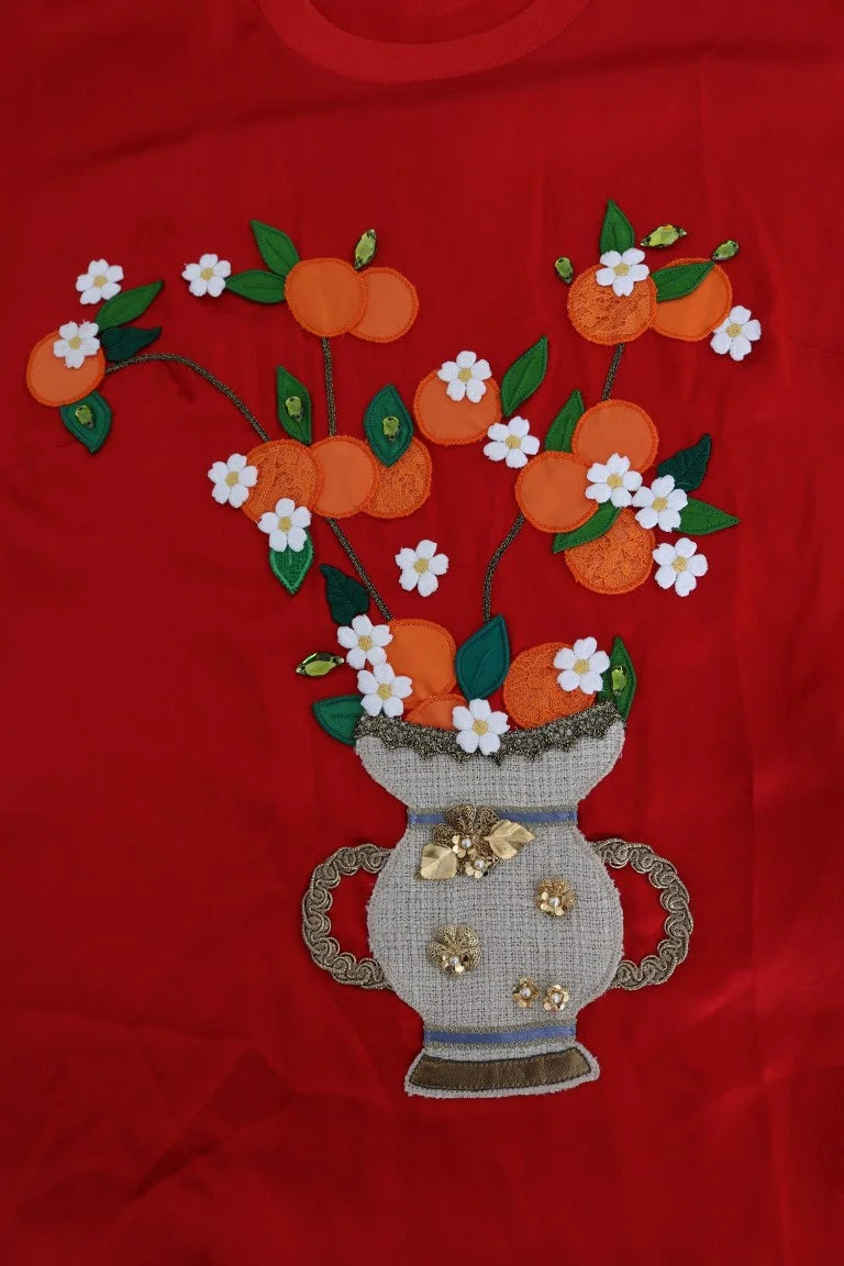 Dolce & Gabbana Red Silk Orange Vase Crystal Top - Blouses