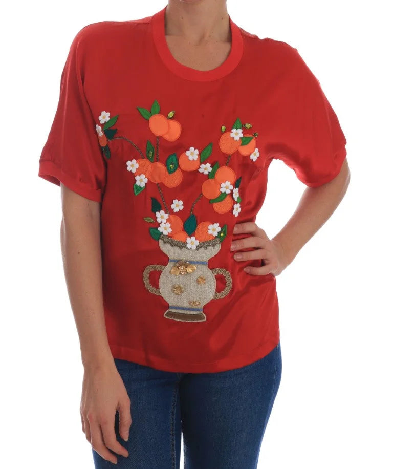 Dolce & Gabbana Red Silk Oranges Floral Crystal Blouse - Blouses