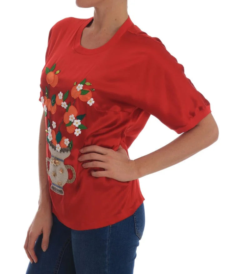 Dolce & Gabbana Red Silk Oranges Floral Crystal Blouse - Blouses