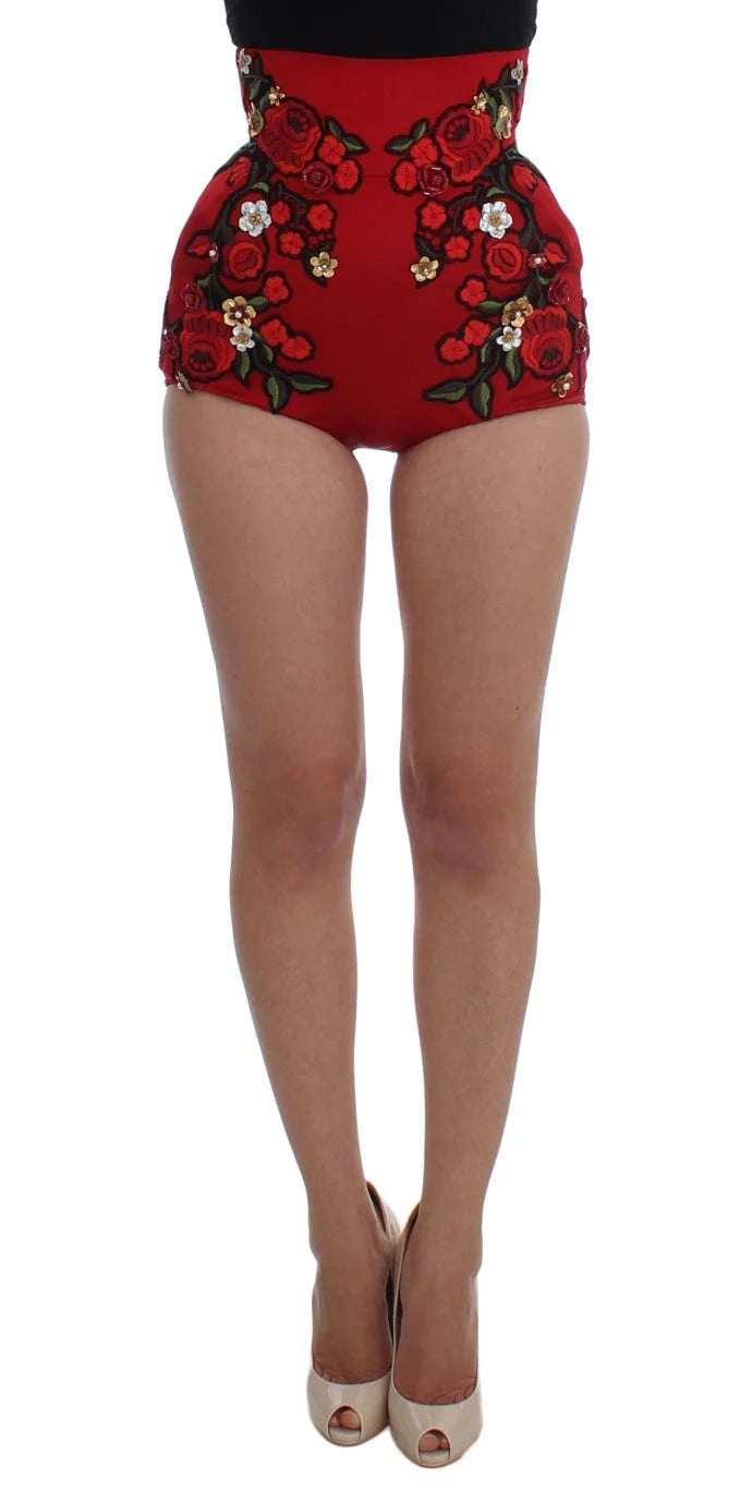 Dolce & Gabbana Red Silk Roses Sicily Shorts - IT40|S - Short Trousers